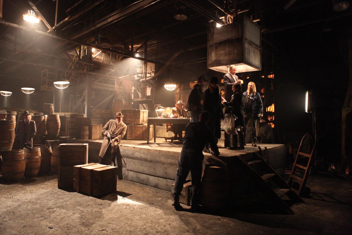Wide shot of a warehouse set